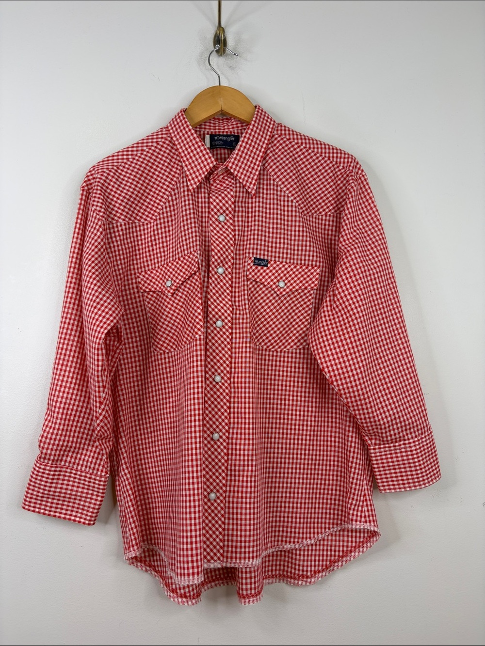Vintage Wrangler Shirt Womens XL Red White Gingham Check Western Long Sleeve